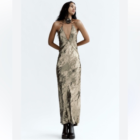 SOLD! ZARA Foil Dress w/Flower - Picture 3 of 12